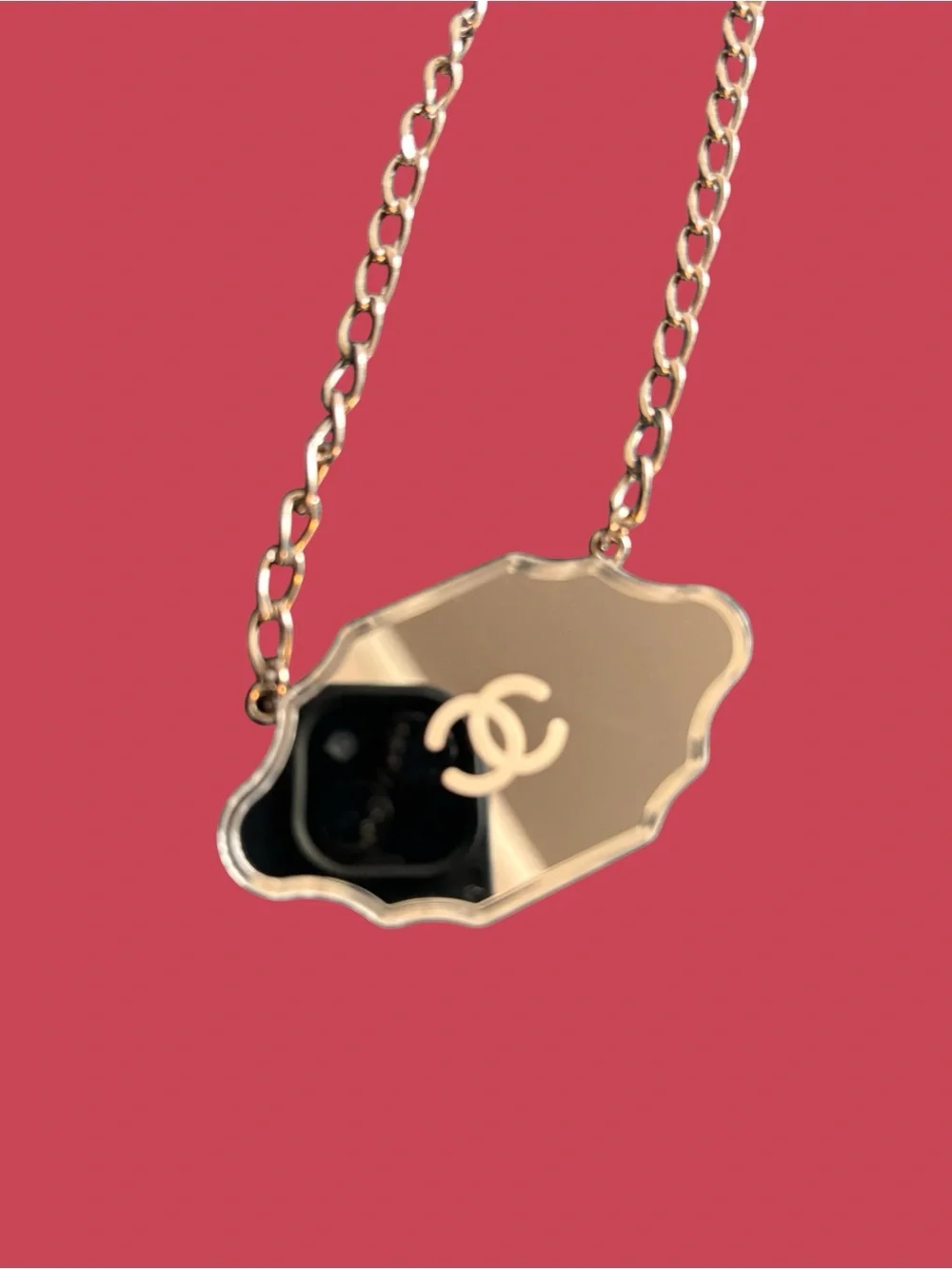 AUTHENTIC CHANEL CC Mirror Pendant Silver Necklace